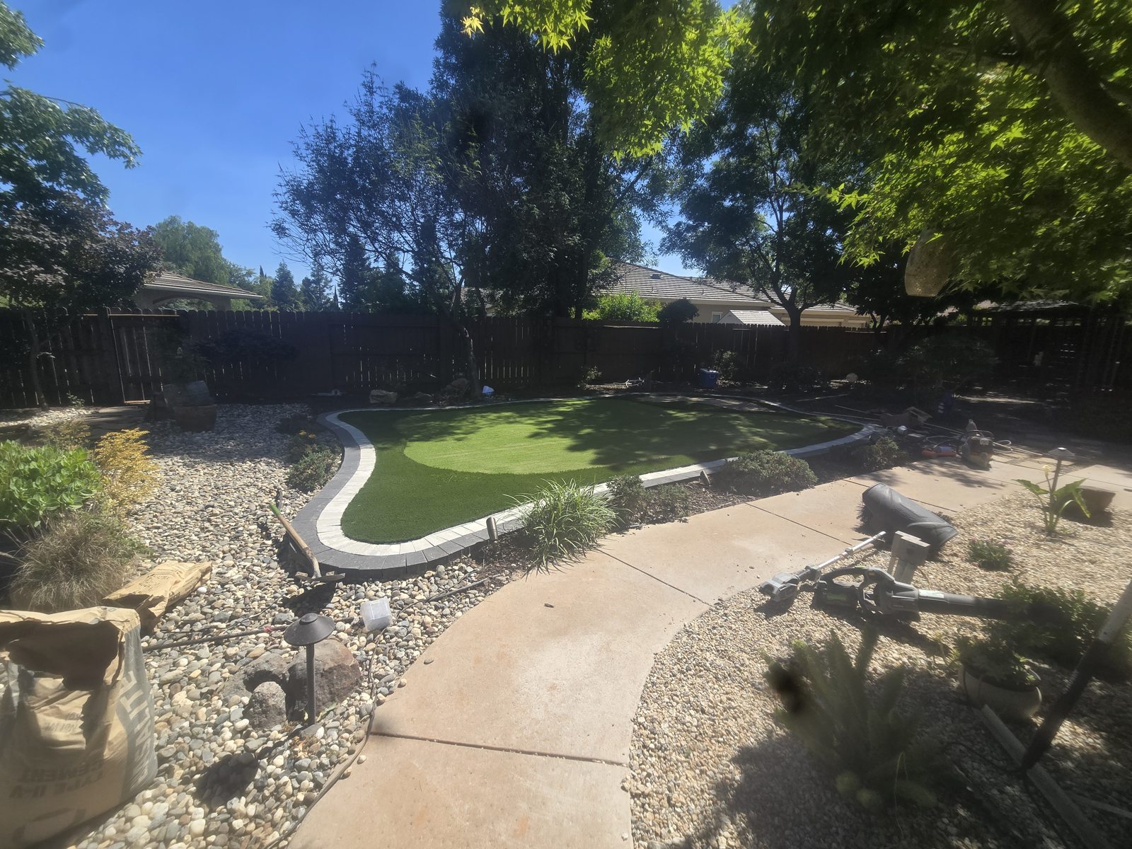 Curving paths and established trees create a relaxed, layered garden setting.