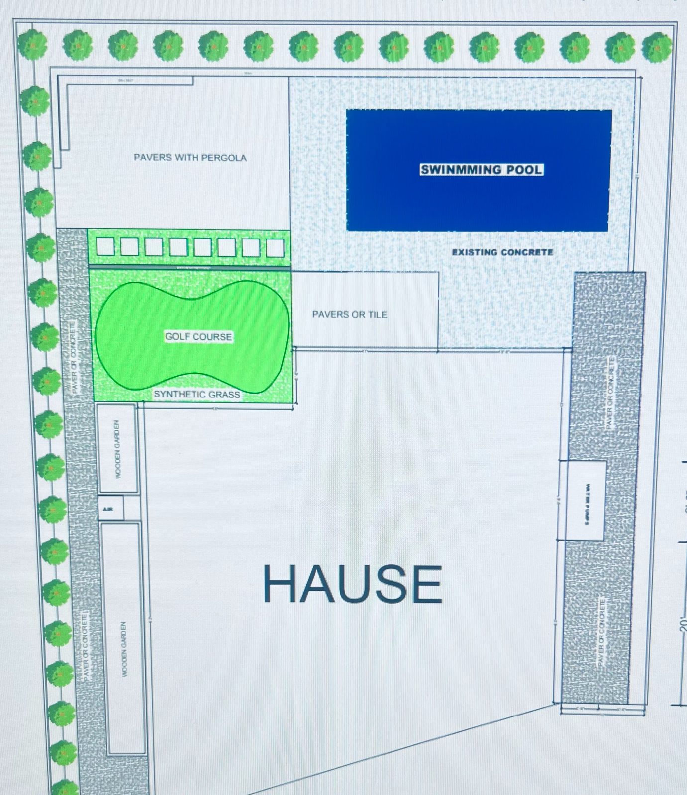 This layout study coordinates a proposed pool, planting and surrounding outdoor space.