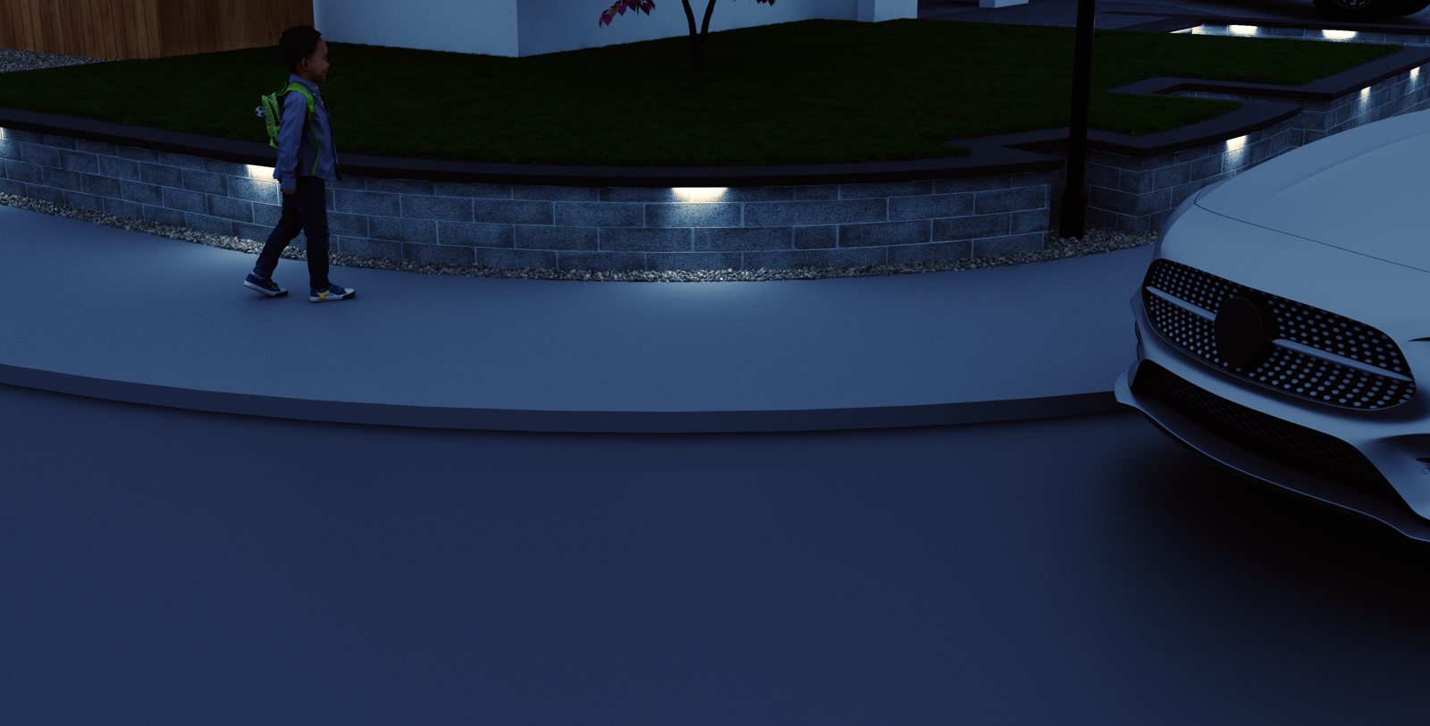 An evening rendering explores the quiet contrast between landscape lighting and the home.