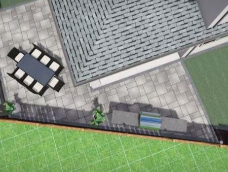 An overhead concept illustrates how paving, lawn and gathering spaces connect.