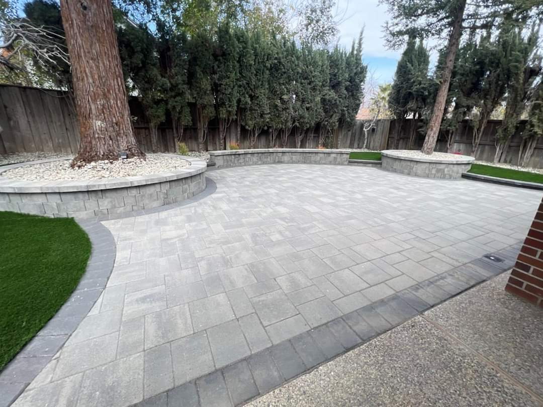 A curved patio edge softens the transition between paving and greenery.