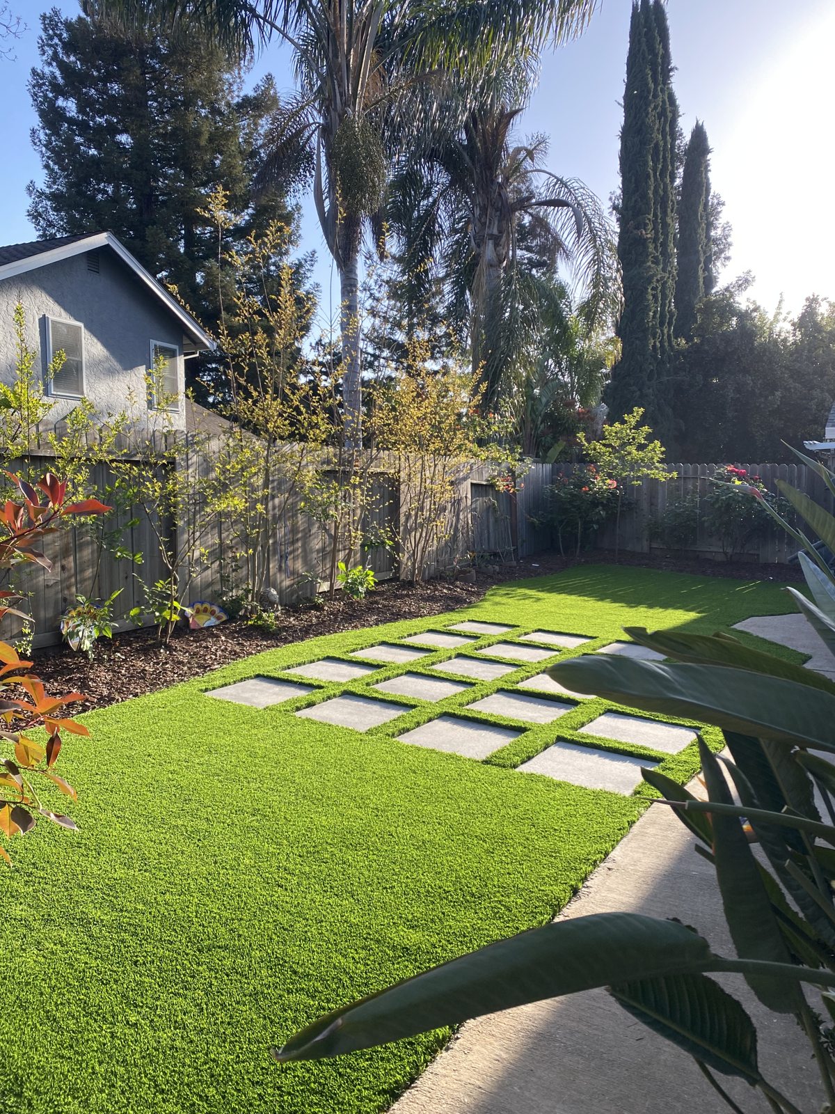 A bright green lawn creates a soft focal point within the planted backyard.