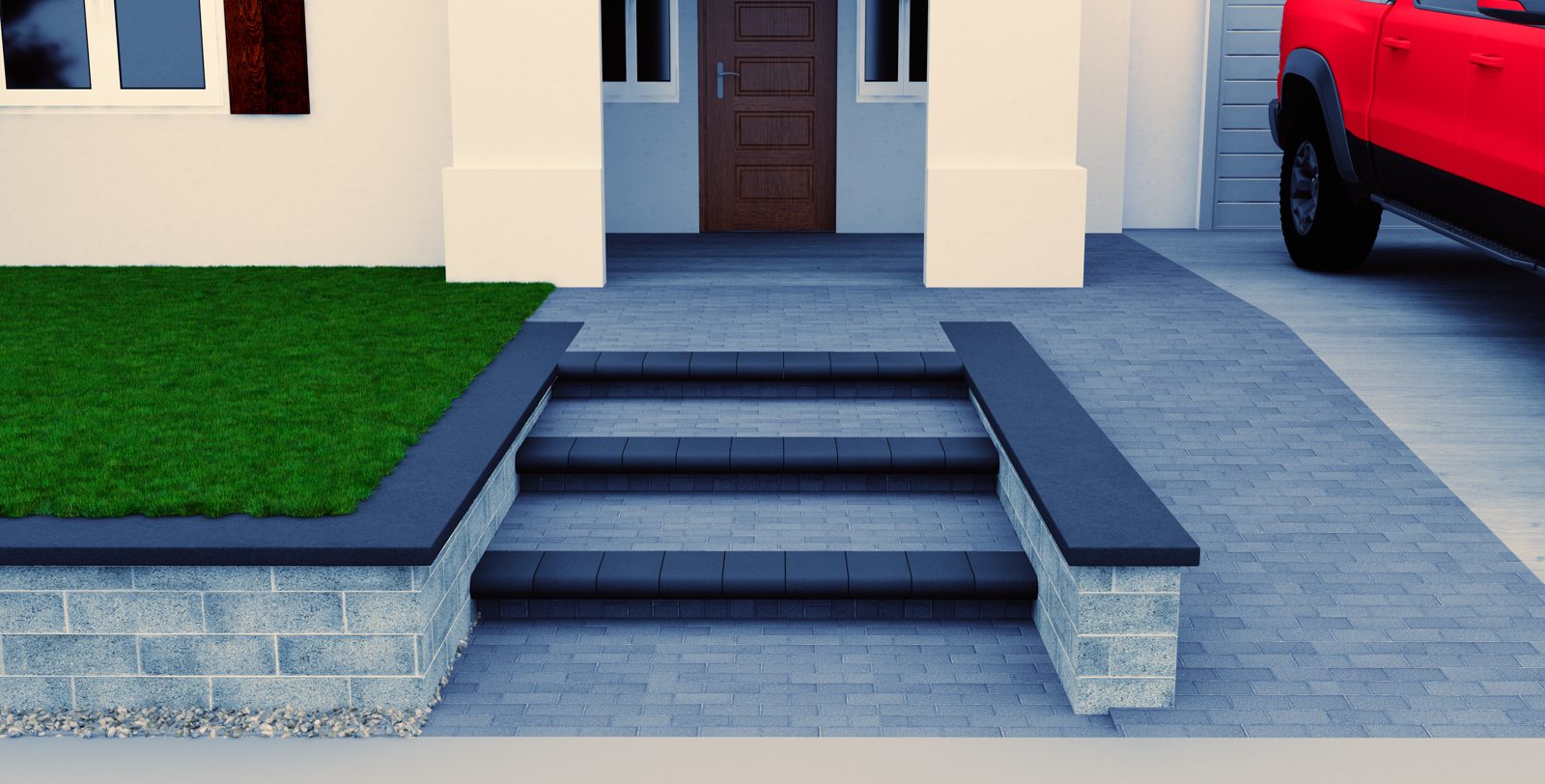 Broad steps, clean borders and balanced planting shape this entrance rendering.