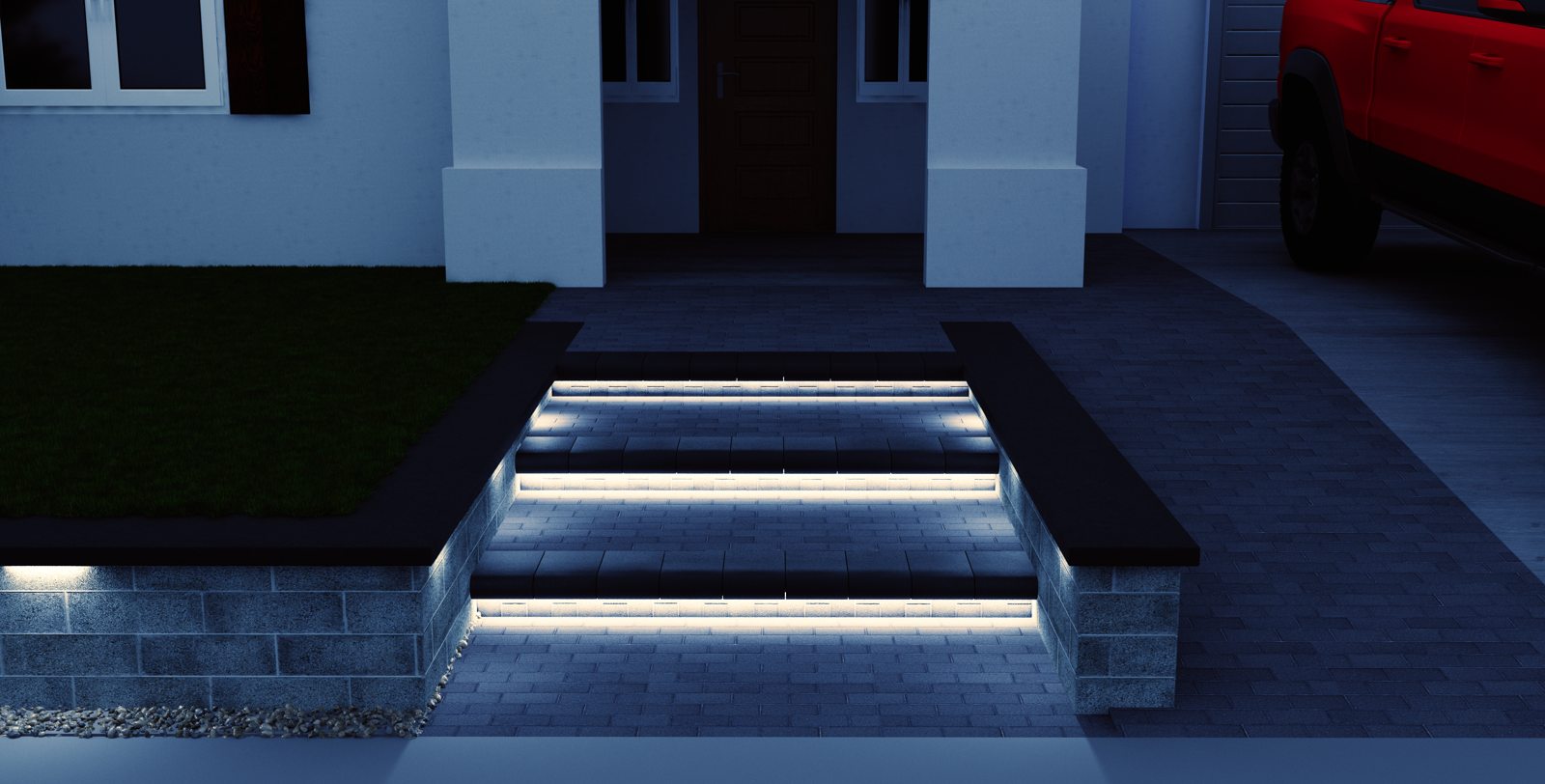 Integrated step lighting defines a welcoming entrance in this nighttime concept.