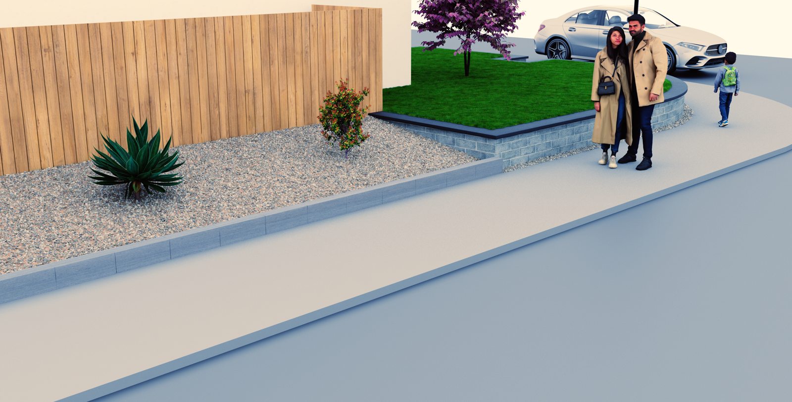 A planting strip softens the fence line in this front-yard design study.
