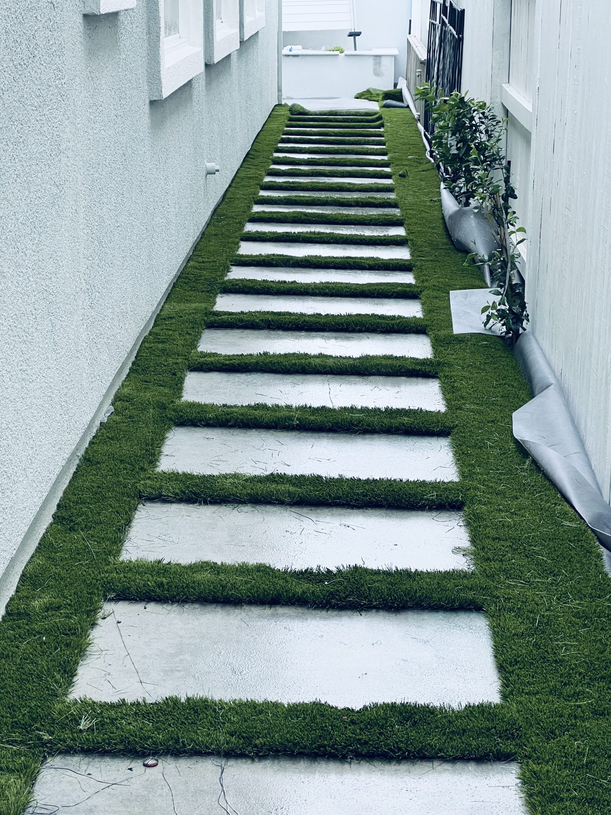 Evenly spaced stepping surfaces create a clear path through the narrow green passage.