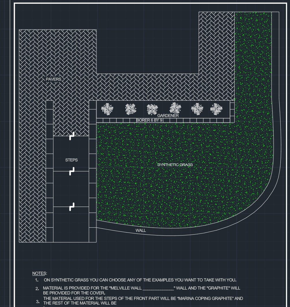 A landscape planning study organizes the patio, lawn and circulation areas.