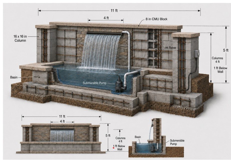 A detailed water-feature concept combines a stone facade with a central waterfall.
