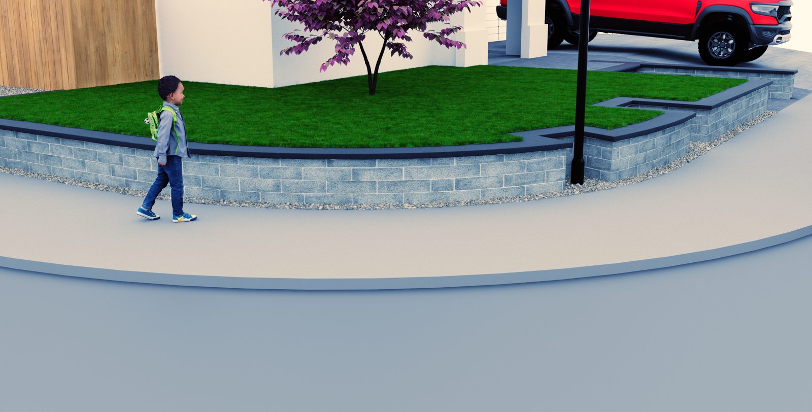 A curved retaining wall frames a green front garden in this proposed design.