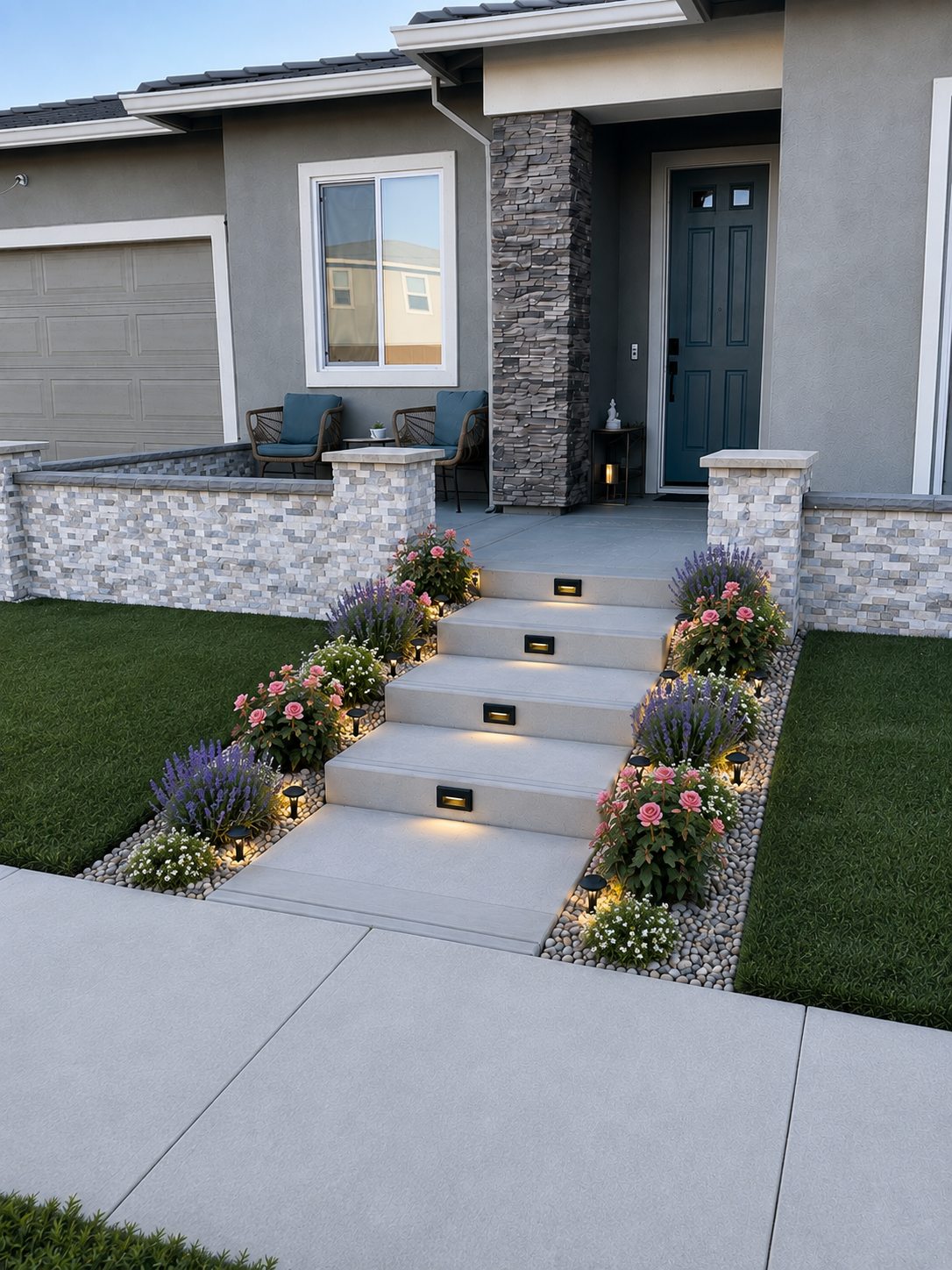 Broad stepping surfaces and compact planting create a contemporary entrance.