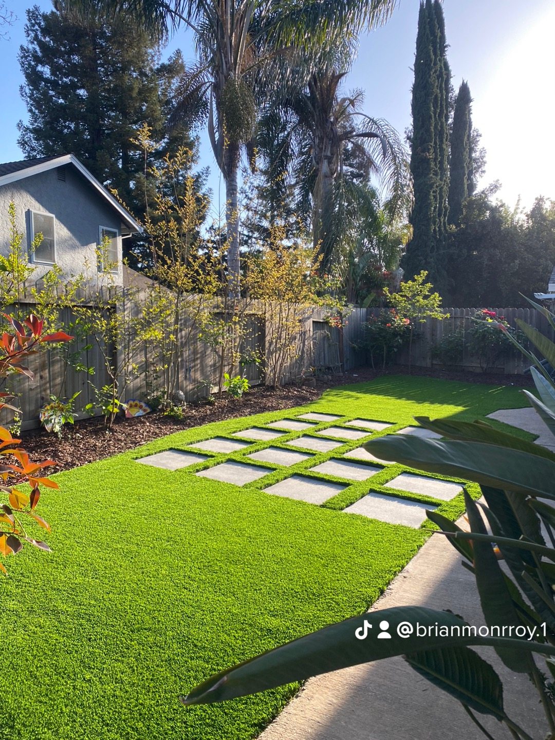 Stepping surfaces, green lawn and established planting create a layered garden composition.