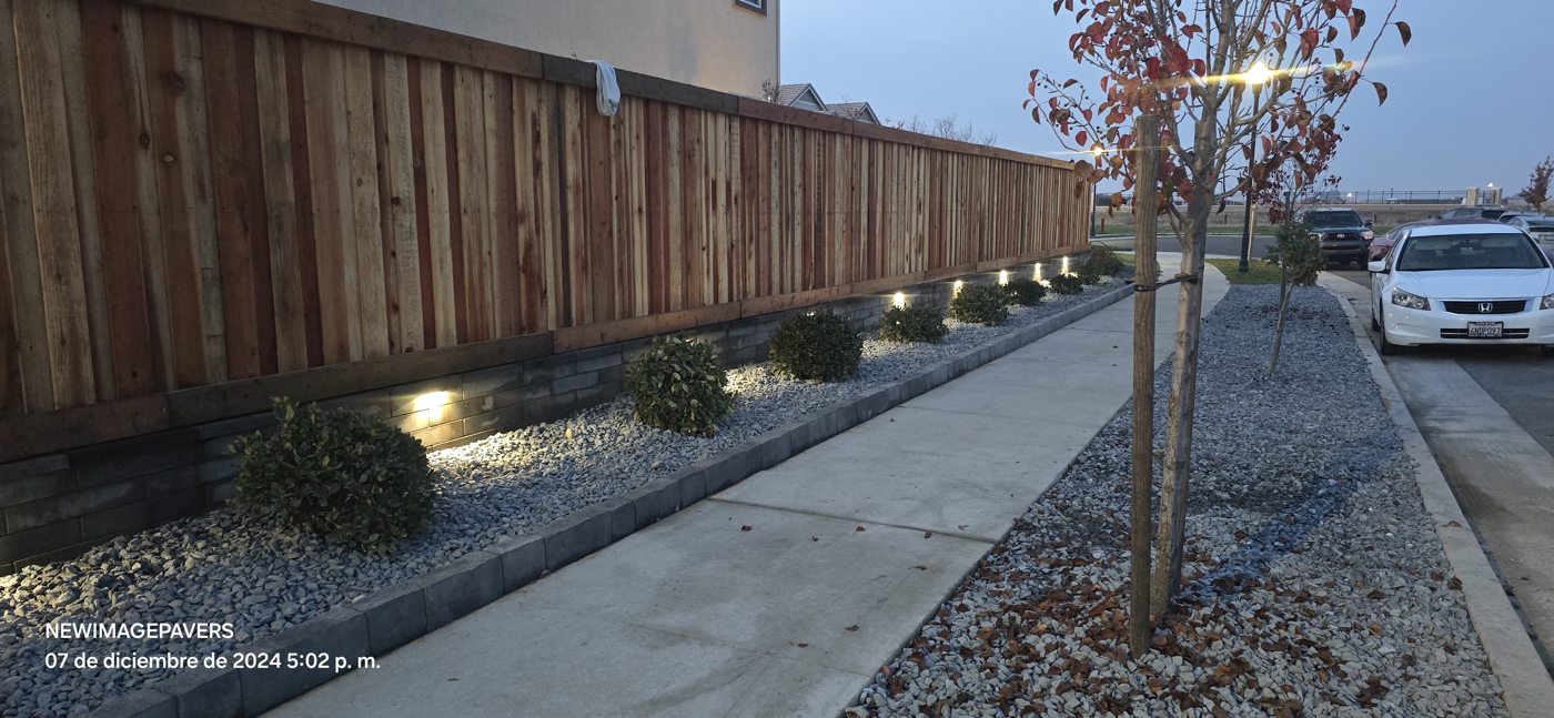 Subtle landscape lights highlight the planting beneath the wood fence.