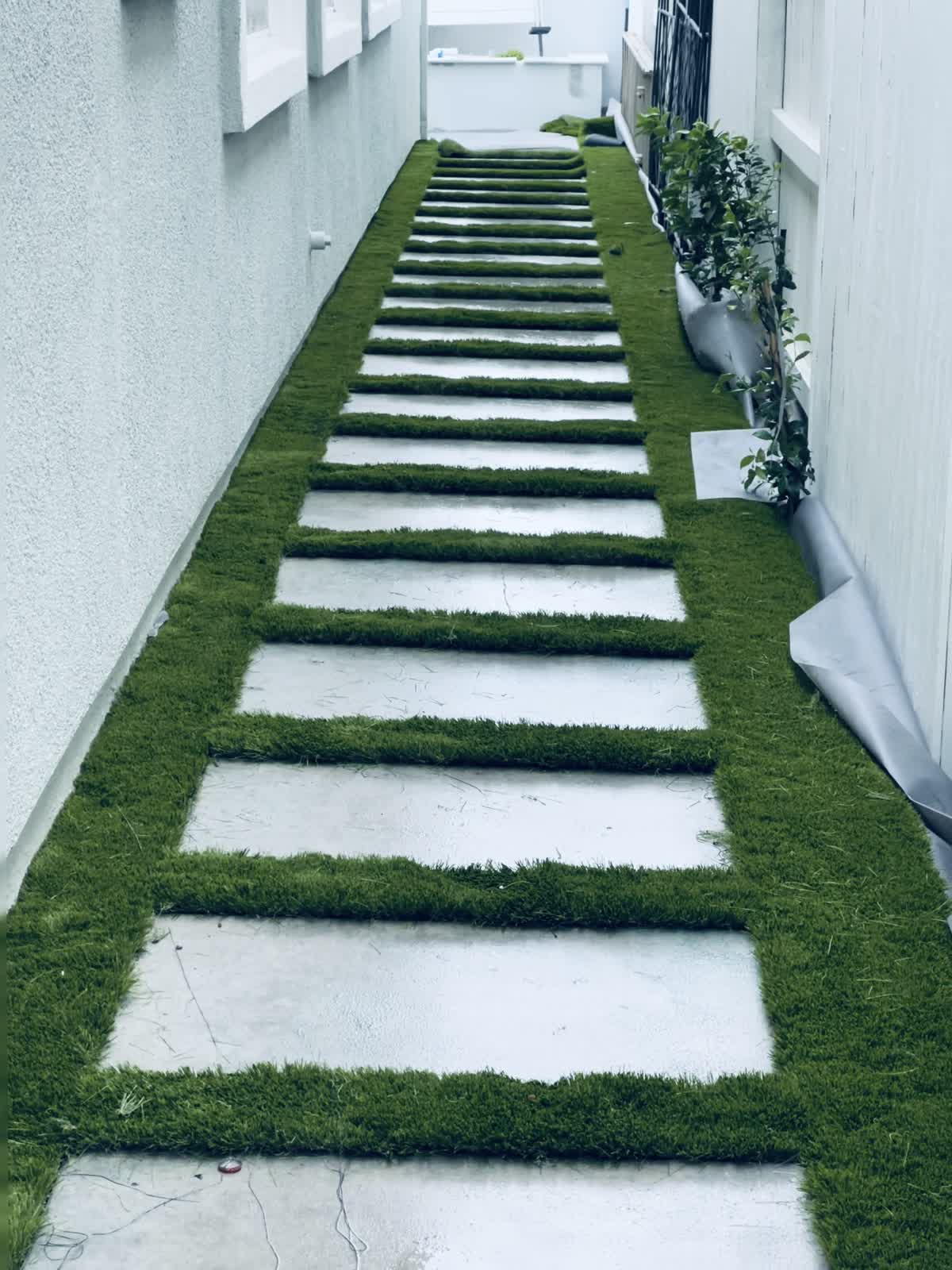 Evenly spaced stepping surfaces create a graceful route through the green side yard.